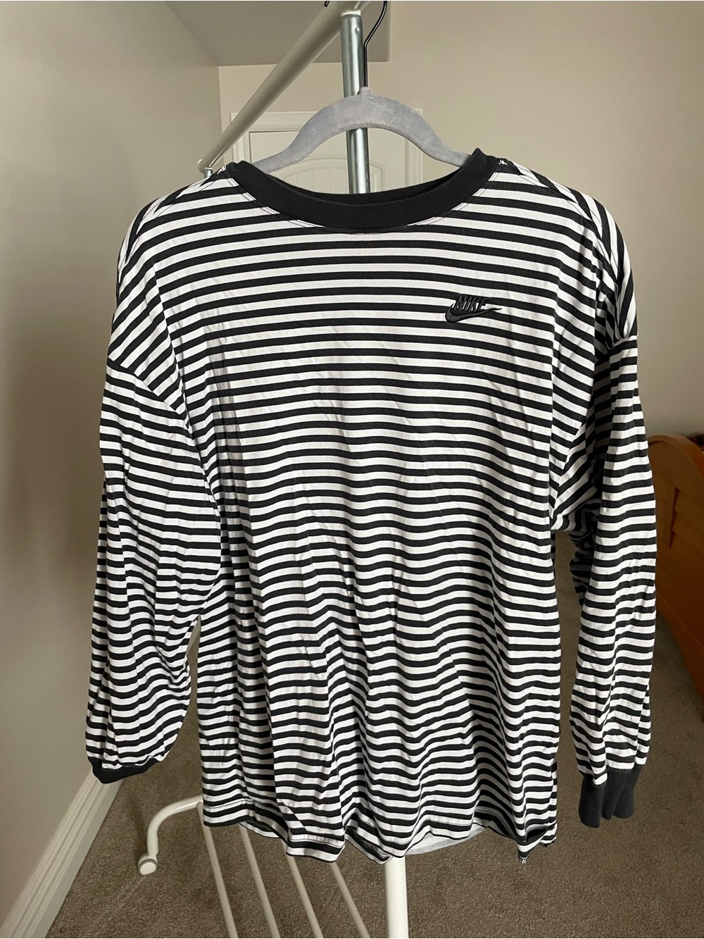 Nike Black & White Striped Long-Sleeve Tee with Chest Logo